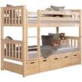 Etagenbett TICAA "Sammy", beige (natur, kiefer massiv natur), B:103,5cm H:160cm L:213cm, Etagenbetten, mit Stauraum, umbaubar zu 2 Einzelbetten, Rollrost, Massivholz