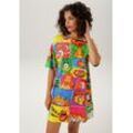 Minikleid ANISTON CASUAL, Damen, Gr. 36, N-Gr, bunt (grün, gelb, pink, lila, orange, blau, gelb, weiß, schwarz, rot), Single Jersey, Obermaterial: 95% Baumwolle, 5% Elasthan, bedruckt, modisch, figurumspielend kniefrei, Rundhals, Kurzarm, Kleider, mit coolen Comic-Drucken