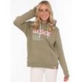 Hoodie ZWILLINGSHERZ ""Glück"", Damen, Gr. L/XL (L/XL), grün (khaki), Sweatware, Obermaterial: 50% Baumwolle, 50% Polyester, bequem hüftbedeckend, V-Ausschnitt, angesetztes Bündchen, Sweatshirts, mit Schriftzug Glück und Kängurutaschen