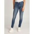 Skinny-fit-Jeans TOMMY JEANS "NORA MR SKNY", Damen, Gr. 34, Länge 28, blau (denim schwarz2), Denim/Jeans, Obermaterial: 94% Baumwolle, 4% Elastomultiester, 2% Elasthan, unifarben, casual, skinny fit knöchellang, Jeans, mit Waschung, mit Logo-Badge