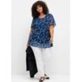 Longbluse SHEEGO, Damen, Gr. 48/50, blau (marine, gemustert), 100% Polyester, geblümt, gemustert, Rundhals, Blusen Longbluse
