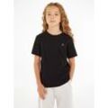 T-Shirt CALVIN KLEIN JEANS "MONOGRAM MINI BADGE T-SHIRT", Mädchen, Gr. 4 (104), schwarz (ck schwarz), Single Jersey, Obermaterial: 100% Baumwolle, unifarben, Rundhals, Shirts T-Shirt, für Kinder bis 16 Jahre