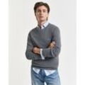 Rundhalspullover GANT "COTTON PIQUE C-NECK", Herren, Gr. M, grau (dunkelgrau melange), Strick, Obermaterial: 100% Baumwolle, meliert, regular fit hüftlang, Rundhals, Rippstrickbündchen, Pullover, mit Logostickerei auf der Brust