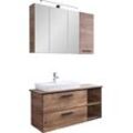 Badmöbel-Set SAPHIR "Quickset 374 3-teilig, Keramik-Aufsatzbecken mit LED-Spiegelschrank", braun (eiche ribbeck quer nachbildung), B:105cm H:200cm T:44,5cm, Spanplatte, Kastenmöbel-Sets, Hängeschrank, 4 Türen, 2 Schubladen, inkl. Türdämpfer, Bad-Set