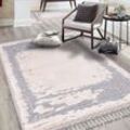 Hochflor-Teppich CARPET CITY "Valencia 908", grau (creme, graublau), B:160cm H:20mm L:230cm, Polypropylen, Teppiche, Fransenteppich, Läufer, Boho-Stil, 3D-Effekt, Relief, Hoch-Tief-Struktur, mit Fransen