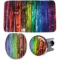 Badaccessoire-Set SANILO "Rainbow", bunt, Kunststoff, MDF, Polyester, Badaccessoires-Sets, bestehend aus WC-Sitz, Badteppich und Waschbeckenstöpsel
