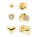 Ohrstecker-Set FIRETTI "Schmuck, Geschenk Ohrringset, Kugel-Optik, 2x Herzen", gelbgoldfarben, kristallweiß, kristallweiß, Ohrringe, Damen, 3mm, Silber 925 (Sterlingsilber), mit Zirkonia (synth.)