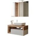 Badmöbel-Set WELLTIME "Hamburg, Badezimmerset 2tlg. Breite 92 cm, Badmöbel, Waschtisch inkl.", braun (weiß, eiche cadiz nb), B:92cm H:190cm T:49cm, Kastenmöbel-Sets, Badmöbel-Set, Waschbecken, Spiegelschrank mit LED Aufbauleuchte, Soft-Close-Funktion