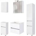 Badmöbel-Set WELLTIME "Welltime Möbel Baabe Waschtisch-Set 3tlg. oder 5tlg.", weiß (matt weiß), Set 13 5tlg.: Waschtisch 60cm breit, Spiegelschrank 60cm breit, Hängeschrank, Unterschrank, Seitenschrank, Holzwerkstoff, Kastenmöbel-Sets, Badmöbel-Set, gedämpfte Scharniere und Softclose-Funktion, inklusive LED-Beleuchtung