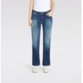 Bootcut-Jeans MAC "LAURA", Damen, Gr. 42, Länge 30, indigo destroyed, Denim/Jeans, Obermaterial: 89% Baumwolle, 8% Polyester, 3% Elasthan, Destroyed-Effekte, unifarben, regular fit knöchellang, Jeans, im Five-Pocket Style