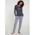 Pyjama VIVANCE DREAMS, Damen, Gr. 32/34, blau (graublau gemustert), Single Jersey, Obermaterial: 50% Baumwolle, 50% Viskose, gemustert, Basic, Basic 7/8-Länge, Rundhals, abgesteppt, Homewear-Sets Pyjama, mit süßem Schrift-Aufdruck