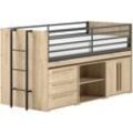 Stauraumbett VIPACK "Sam, schlafen und arbeiten in einem, wahlweise Eiche- oder Weiß-Dekor", eiche dekor, eiche dekor, eiche dekor, B:98cm H:116,6cm L:219cm, Betten, Stauraumbett, mit Absturzschutz, Leiter u. Stauraum, pflegeleichte Dekor Oberfläche