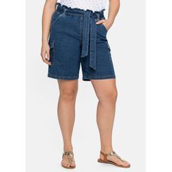 Große Größen: Jeans-Shorts mit Paperbagbund und Cargotaschen, blue used Denim, Gr.44