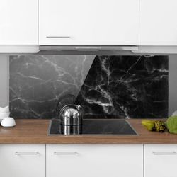 Micasia - Spritzschutz Glas - Nero Carrara - Schwarzer Marmor Marmoroptik - Panorama Quer Größe HxB: 40cm x 100cm