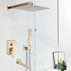 Suguword - Duschsystem Gebürstetes Gold Regendusche Deckenmontage Brausegarnitur Duschset mit Duschkopf, Handbrause, Badewannenarmatur, Embedded-Box