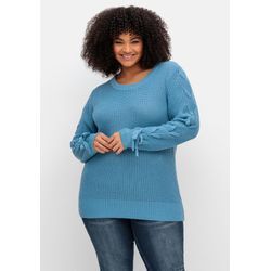 Große Größen: Pullover mit eingeflochtenen Bändern am Ärmel, blau, Gr.40/42