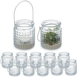 Windlicht, 12er Set, Glas, mit Henkel, innen & außen, Deko Teelichthalter, HxD: 9 x 8 cm, transparent/silber - Relaxdays