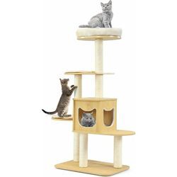 Costway - 135cm Katzenbaum mit Hoehle und 4 Matten, 4-stufiger Katzenkratzbaum Holz, Katzen Kratzbaum Spielhaus , Aktivitaetsbaum Katzenmoebel