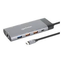 Manhattan USB-C Dock/Hub, Ports (x10): Ethernet, HDMI (x2 8k), USB-A (x5) and USB-C (x2), With Power Delivery (100W) to USB-C Port (Note additional USB-C wall charger and USB-C cable needed), USB 3.2 Gen 2, All Ports can be used at the same time, ...