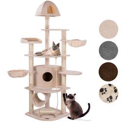 HAPPYPET Großer Kratzbaum stabil 200 cm hoch - Katzenbaum Kletterbaum für Katzen, 8 cm Natur-Sisalstämme, Liegemulden, XL Haus, Kratzrolle, Spielseil, Liegeplattform Beige