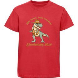 MyDesign24 Print-Shirt bedrucktes Kinder T-Shirt Tyrannosaurus mit Hut & Weste Baumwollshirt Einschulung 2024