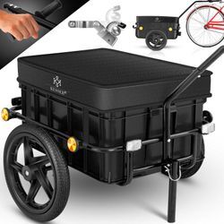 Fahrradanhänger Lastenanhänger Handwagen mit Kupplung Hochdeichsel für Fahrrad Transportanhänger Transportbox mit 70 Liter Volumen Max. 60kg Schwarz