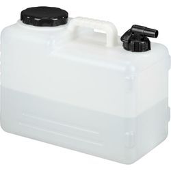 Wasserkanister mit Hahn, 15 Liter, Kunststoff bpa-frei, Weithals Deckel, Griff, Camping Kanister, weiß/schwarz - Relaxdays
