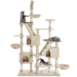 HAPPYPET Kratzbaum deckenhoch 260 cm hoch, Kletterbaum SAM – Großer XXL Katzenbaum Stabil für mehrere Katzen, stabile 8 cm Säulen, Liegemulden, Häuser, mit Zubehör Beige