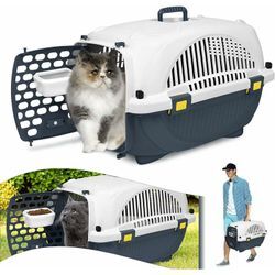 Transportbox Katze Hundebox Katzenbox aus Kunststoff, Katzentransportbox Transportbox Hund mit Tragegriff und Napf, für Kleine Haustiere bis zu 10