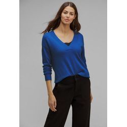 STREET ONE V-Ausschnitt-Pullover mit Rippstrickdetails, blau