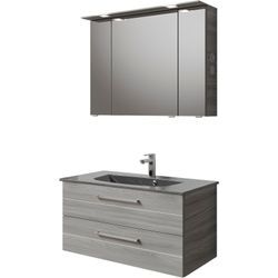 Badmöbel-Set SAPHIR "Serie 6025 2-teilig Mineralmarmor-Waschtisch mit LED-Spiegelschrank", grau (sangallo grau quer, weiß), B:97cm H:200cm T:48cm, Spanplatte, Kastenmöbel-Sets, Waschplatz 97 cm breit, 2 Schubladen, 3 Spiegel-Türen, inkl Türdämpfer