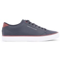 Sneaker TOMMY HILFIGER "TH HI VULC CORE LOW LEATHER ESS", Herren, Gr. 41, blau (dunkelblau), Leder, Lederimitat, kontrastfarbene Details, Schuhe, Freizeitschuh, Halbschuh, Schnürschuh mit Ziernähten an der Ferse