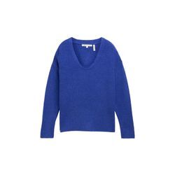TOM TAILOR DENIM Damen Relaxed Strickpullover mit V-Ausschnitt, blau, Uni, Gr. M