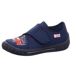 Hausschuh SUPERFIT "Bill WMS: Mittel", Jungen, Gr. 23, blau (dunkelblau, feuerwehr), Textil, bestickt, Schuhe Hausschuh, Kindergarten Schuh im Jeans-Look, Größenschablone zum Download