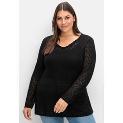 Strickpullover SHEEGO "V-Ausschnitt-Pullover", Damen, Gr. 44/46, schwarz, 55% Viskose, 45% Polyamid, unifarben, Pullover