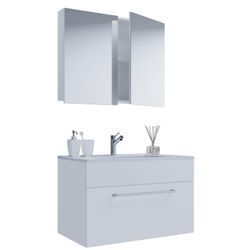 VCM 3-tlg. Waschplatz Waschtisch Waschbecken Unterschrank Breite 80 cm Badmöbel Set hängend mit einer Schublade Spiegelschrank Badinos