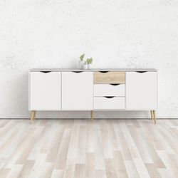 Kommode ANDAS "Oslo, Sideboard, Aufbewahrung, Schubladenschrank, Stauraum", weiß (weiß, eiche struktur), B:195,7cm H:81,7cm T:39,1cm, Spanplatte, Sideboards, Breite 196 cm, Höhe 82 cm, 3 Türen und 3 Schubladen