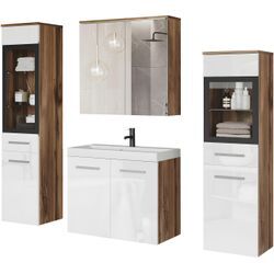 Badmöbel-Set WELLTIME "MADRIT II, Schrank mit Waschbecken, 2 Hänger, Spiegelschrank", eiche wotan, weiß hochglanz, B:120,4cm H:131,5cm T:34,5cm, Holzwerkstoff, Kastenmöbel-Sets, Hängende Badmöbel mit Glaseinsätzen – in vielen Farben erhältlich