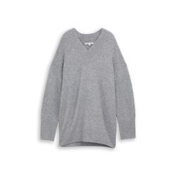 TOM TAILOR DENIM Damen Longstyle Strickpullover mit V-Ausschnitt, grau, Meliert, Gr. M