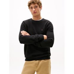 Rundhalspullover TOMMY HILFIGER "ESSENTIAL STRUCTURE CREW NECK mit Struktur und Label", Herren, Gr. L, schwarz, Strick, Obermaterial: 100% Baumwolle, Rundhals, Rippbündchen, Pullover, unifarben, casual, regular fit, Baumwolle, Rundhals
