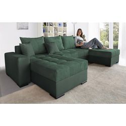 Wohnlandschaft COLLECTION AB "Josy XL U-Form, B: 313 cm in Cord, Cord-Mix", grün (dunkelgrün), B:313cm H:84cm T:161cm, 100% Polyester, Sofas, mit Bettfunktion, Bettkasten & 2 Zierkissen, Federkern, Topseller