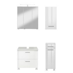 Badmöbel-Set WELLTIME "Trento, Badezimmer-Set, Waschbeckenunterschrank, Hängeschrank", weiß (hochglanz weiß), B:90cm H:200cm T:35cm, Holzwerkstoff, MDF, Kastenmöbel-Sets, Unterschrank, Waschbeckenunterschrank, Spiegelschrank, Aufbauleuchte