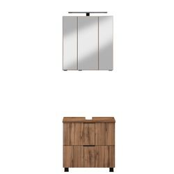 Badmöbel-Set WELLTIME ""Trento", Badezimmer-Set, Waschbeckenunterschrank, Spiegelschrank", braun (wotaneiche rille), B:60cm H:200cm T:35cm, Holzwerkstoff, MDF, Kastenmöbel-Sets, inkl. LED Aufbauleuchtung Schalter/Steckdose, Möbel Made in Germany